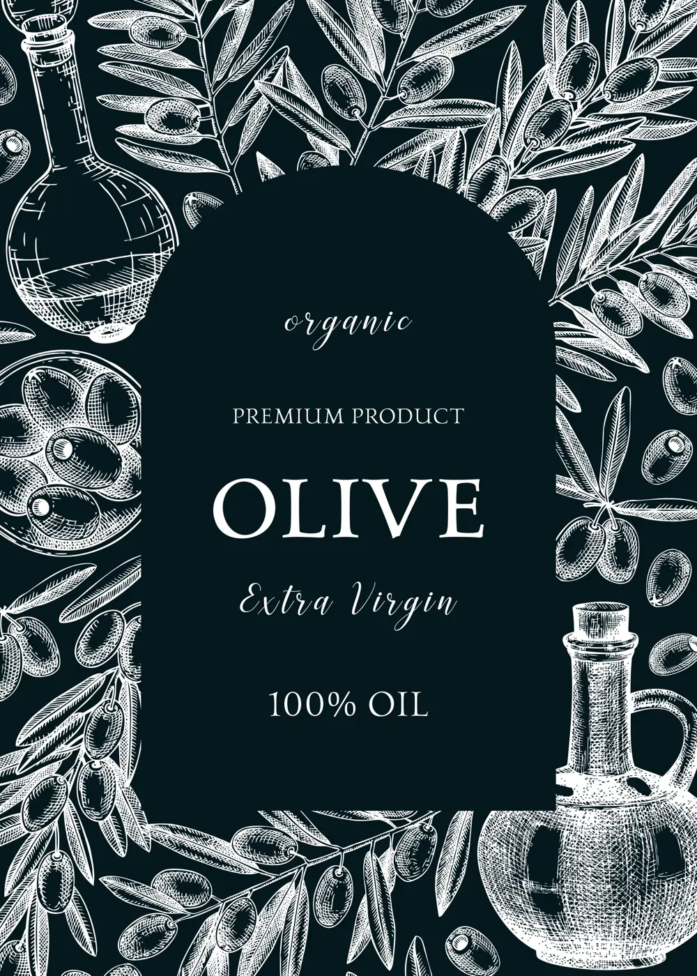 Olive oil background on chalkboard. Hand-drawn vector illustration. Olive tree branches, glass bottle, olives sketches. Italian food frame in vintage style. Vegetable oil design template Illustration
